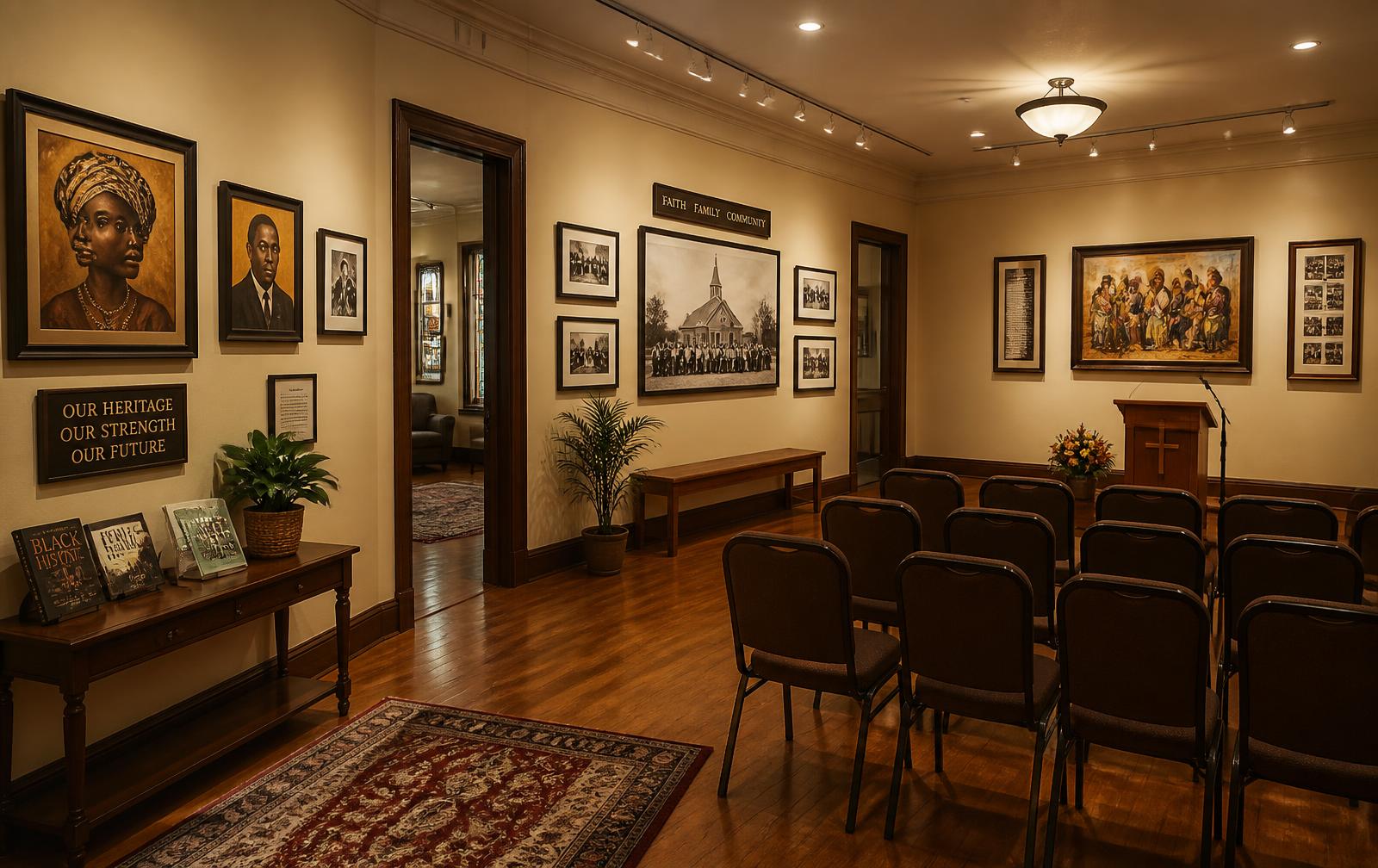 The Fellowship Hall gallery hung with portraits and historic photographs